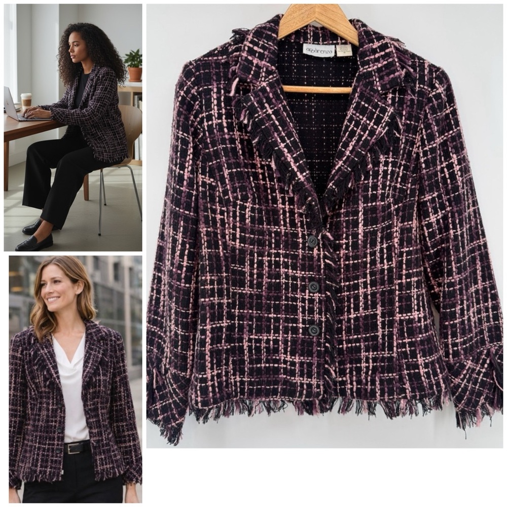 Apparenza Black & Pink Tweed Blazer With Shoulder Pads Women's Sz M Career Wear